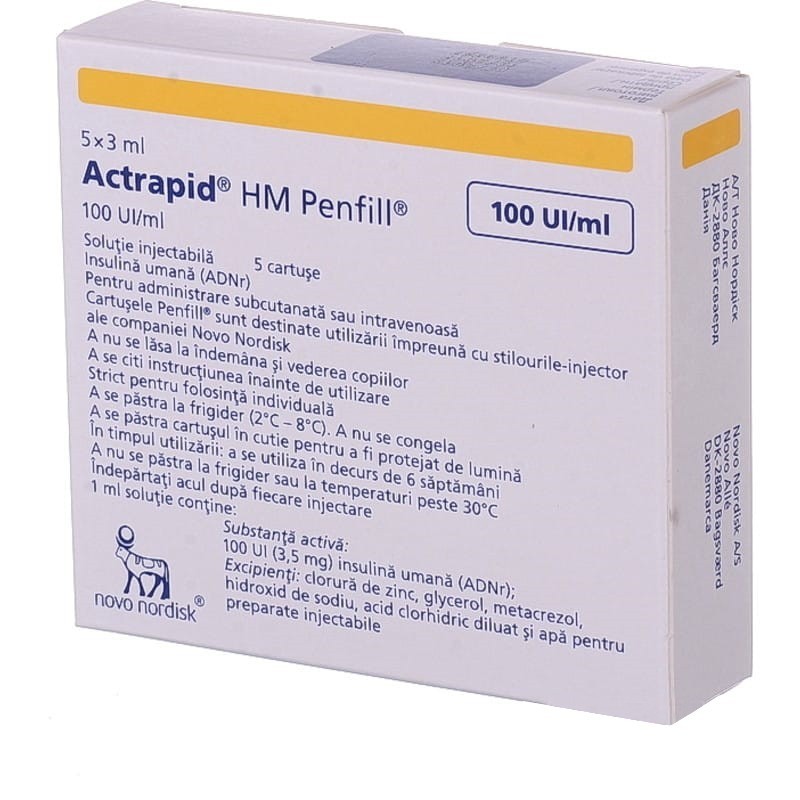 Buy Actrapid Bottle 100 IU/ml, 5 cartridges of 3 ml (thermolabile)